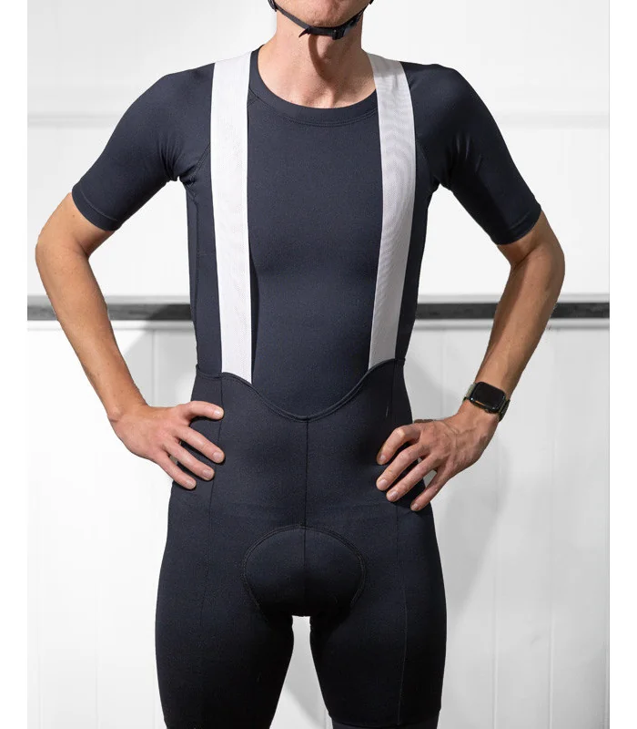 Cargo Cycle Bib Shorts, Pure Black with mesh pockets and fabric cuffs | Made in Australia
