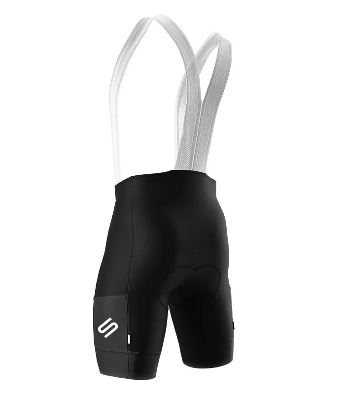 Cargo Cycle Bib Shorts, Pure Black with mesh pockets and fabric cuffs | Made in Australia