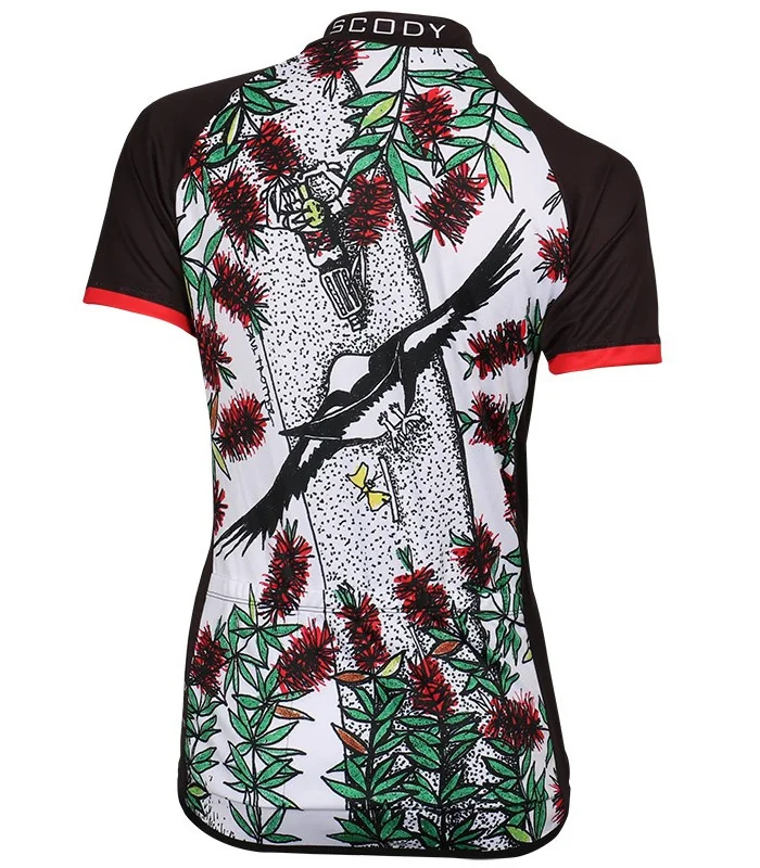 Swooping Magpie cycle jersey with bottlebrush detail and red sleeves