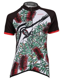 Swooping Magpie cycle jersey with bottlebrush detail and red sleeves