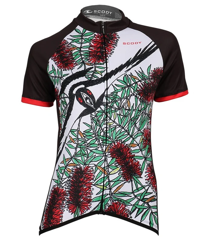 Swooping Magpie cycle jersey with bottlebrush detail and red sleeves