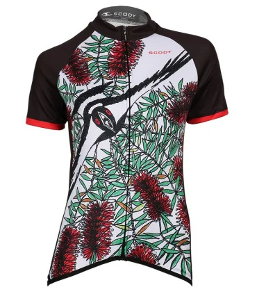 Swooping Magpie cycle jersey with bottlebrush detail and red sleeves