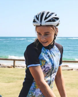 Romy rocking the Cockatoo Jersey in beautiful Moffat Beach, Queensland