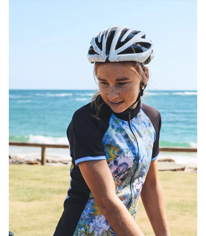 Romy rocking the Cockatoo Jersey in beautiful Moffat Beach, Queensland