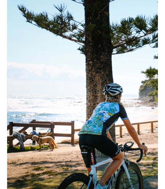 Romy rocking the Cockatoo Jersey in beautiful Moffat Beach, Queensland